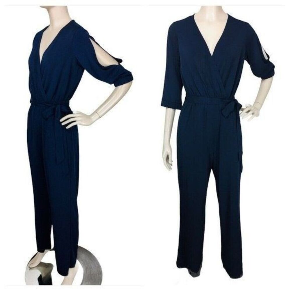 VTG 90s Blue Jersey Knit Split Quarter Sleeve Belted Jumpsuit Enfocus Studio